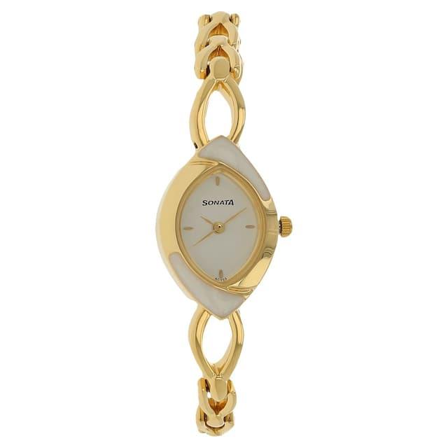 Sonata Buy Sonata Analog Navette White Dial Golden Metal Strap