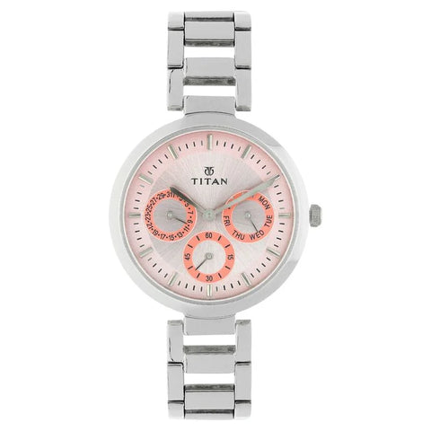 NR2480SM05 Titan Quartz Multifunction Pink Dial Stainless Steel Strap Watch for Women