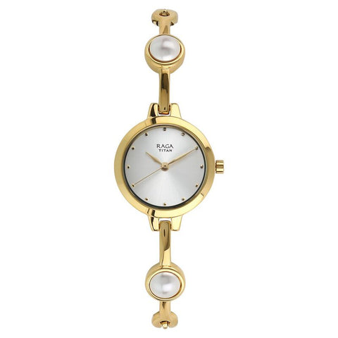 NR2576YM01 Titan Quartz Analog White Dial Metal Strap Watch for Women