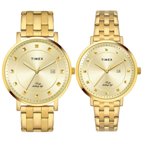 Timex Pairs Golden Dial Round Case Date Function Watch -TW00PR280