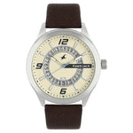 Fastrack Beige Round Dial Leather Strap Analog With Date Watches For Guys 38050SL01 - Bharat Time Style