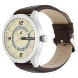 Fastrack Beige Round Dial Leather Strap Analog With Date Watches For Guys 38050SL01 - Bharat Time Style