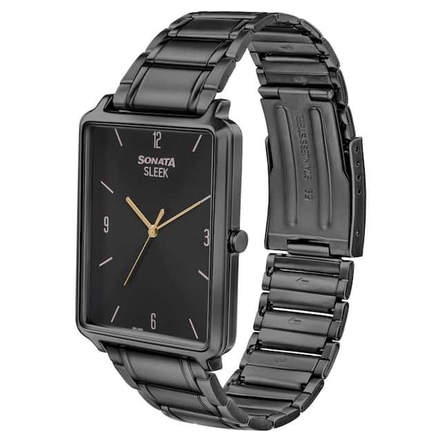 Sonata sleek black dial analog watch for men with date function hot sale